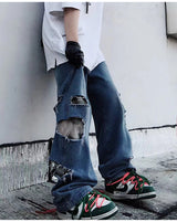 フェイク2ピースダメージデニムカジュアルパンツ